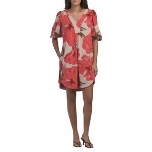 CYNTHIA ROWLEY Red Linen Blend Puff Sleeve Floral Swing Mini Dress
